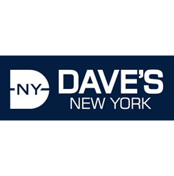 "Dave's New York" - the new logo in cursive.  White font on navy background followed by a TM (trademark).