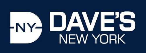 "Dave's New York" - the new logo in cursive.  White font on navy background followed by a TM (trademark).