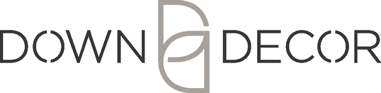 Down written in all caps Then a large capital D overlapping with the reverse version of itself then Decor also in all caps.  The O's in both words have pieces removed at the ver top and the very bottom of the O's.