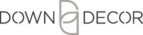 Down written in all caps Then a large capital D overlapping with the reverse version of itself then Decor also in all caps.  The O's in both words have pieces removed at the ver top and the very bottom of the O's.