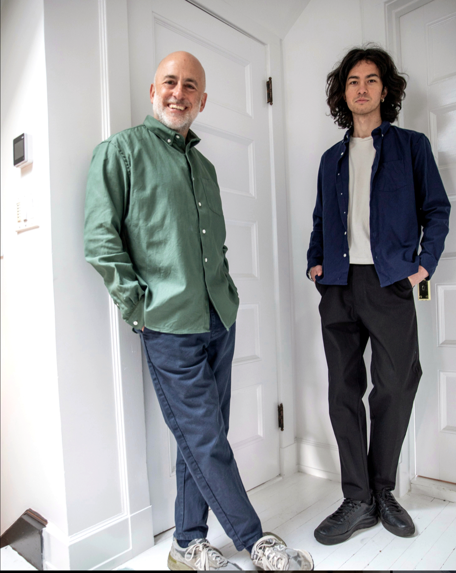 Steven Alan wears the Single Needle Shirt, Bottle Green Canvas and Danver Pant in Navy. Steven's son Max wears the Single Needle Shirt, Deep Navy Canvas and Danver Pant in Black.