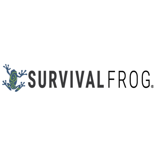 A teal coloured frog with a swirl on his back followed by the words Survival Frog in same case so that all of the letters take up the same space.  Survival is bold.