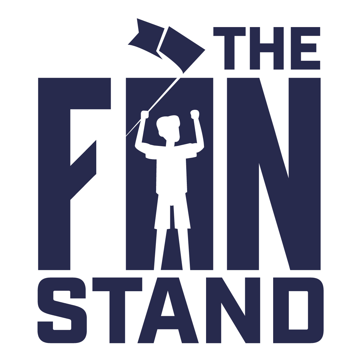 Logo of 'The Fan Stand' with a silhouette of a person holding a flag on a white background.