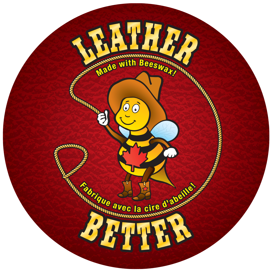 Cowbee, Leather Better's mascot is making a circle with a rope around himself.  The Name "Leather Better is rocker style above and below him.
