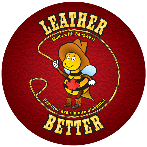Cowbee, Leather Better's mascot is making a circle with a rope around himself.  The Name "Leather Better is rocker style above and below him.